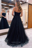 Prom Dress 2025 Black Beaded Tulle Lace Applique Prom Dress with Spaghetti Strap 22187-unique elegant Prom Dresses-Black-Corset Back-Custom Size-vigocouture