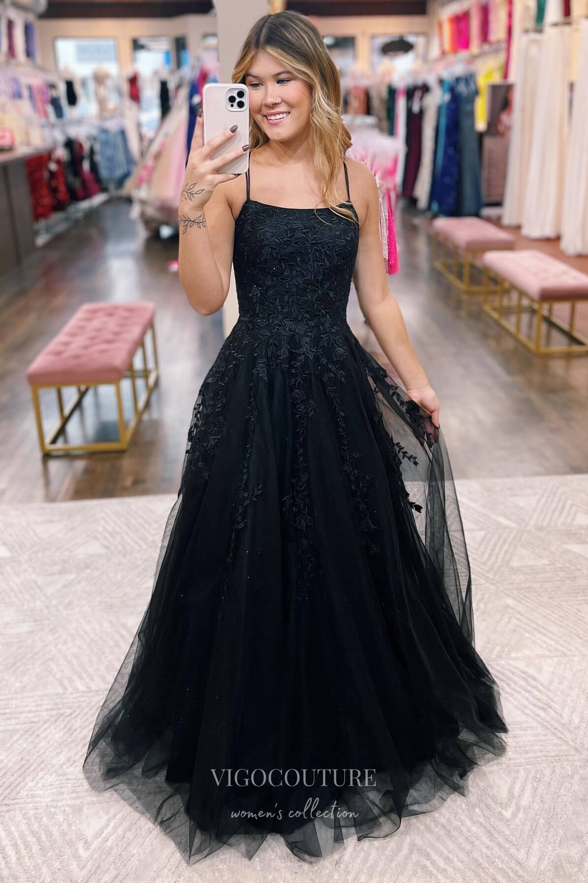 Prom Dress 2025 Black Beaded Tulle Lace Applique Prom Dress with Spaghetti Strap 22187-unique elegant Prom Dresses-Black-Corset Back-Custom Size-vigocouture