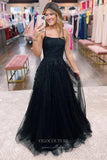 Prom Dress 2025 Black Beaded Tulle Lace Applique Prom Dress with Spaghetti Strap 22187-unique elegant Prom Dresses-Black-Corset Back-Custom Size-vigocouture