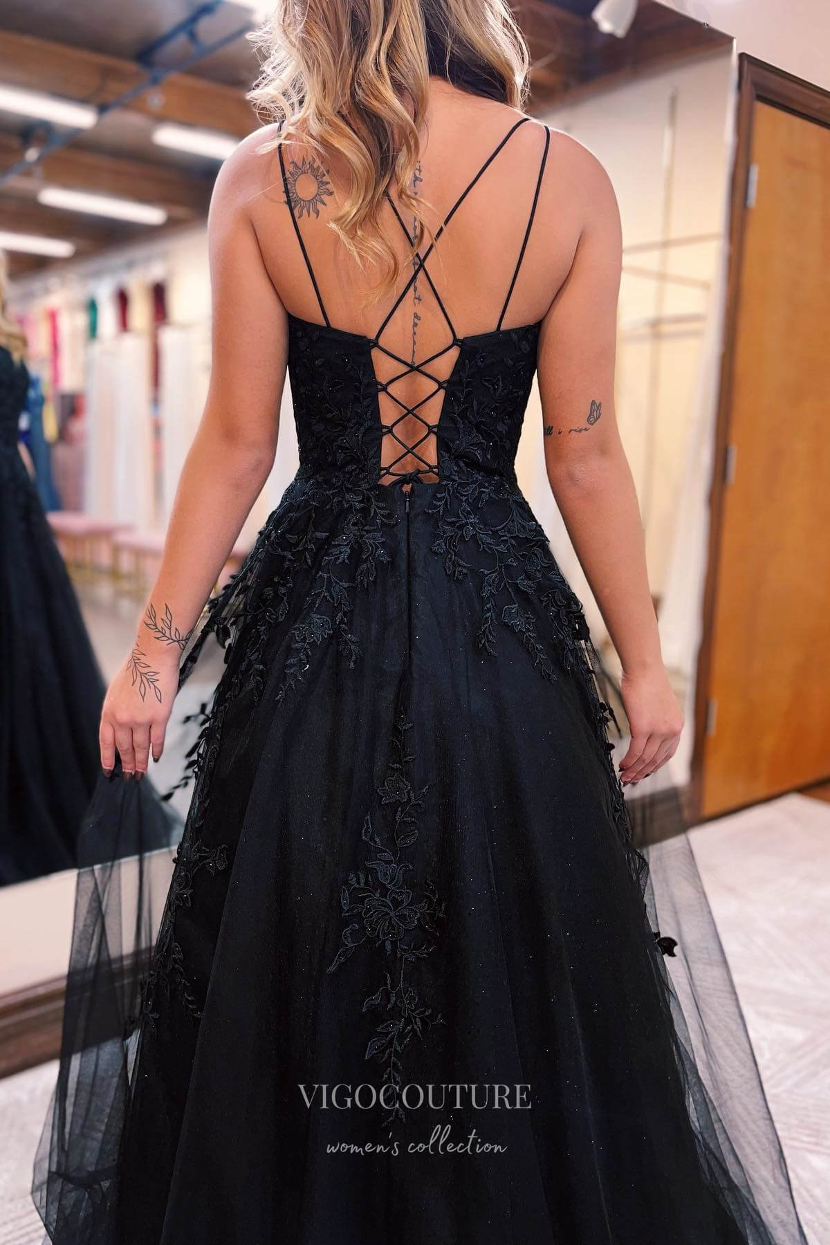 Prom Dress 2025 Black Beaded Tulle Lace Applique Prom Dress with Spaghetti Strap 22187-unique elegant Prom Dresses-Black-Corset Back-Custom Size-vigocouture