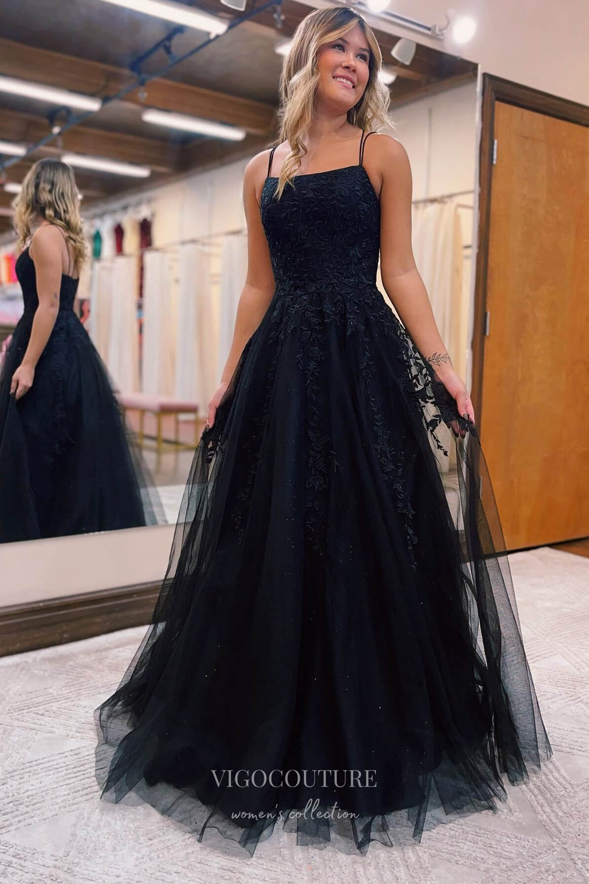 Prom Dress 2025 Black Beaded Tulle Lace Applique Prom Dress with Spaghetti Strap 22187-unique elegant Prom Dresses-Black-Corset Back-Custom Size-vigocouture