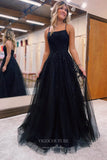 Black Beaded Tulle Lace Applique Prom Dress with Spaghetti Strap 22187