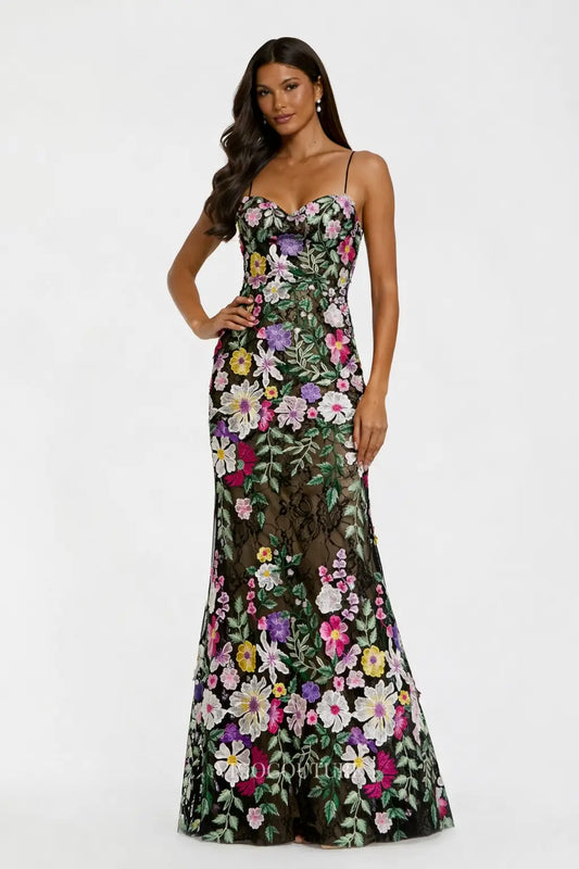 Prom Dresses 2025 to impress Black Floral Embroidered Evening Dress with Sweetheart Neckline, Spaghetti Strap & Corset Back - VG005-vigocouture-vigocouture