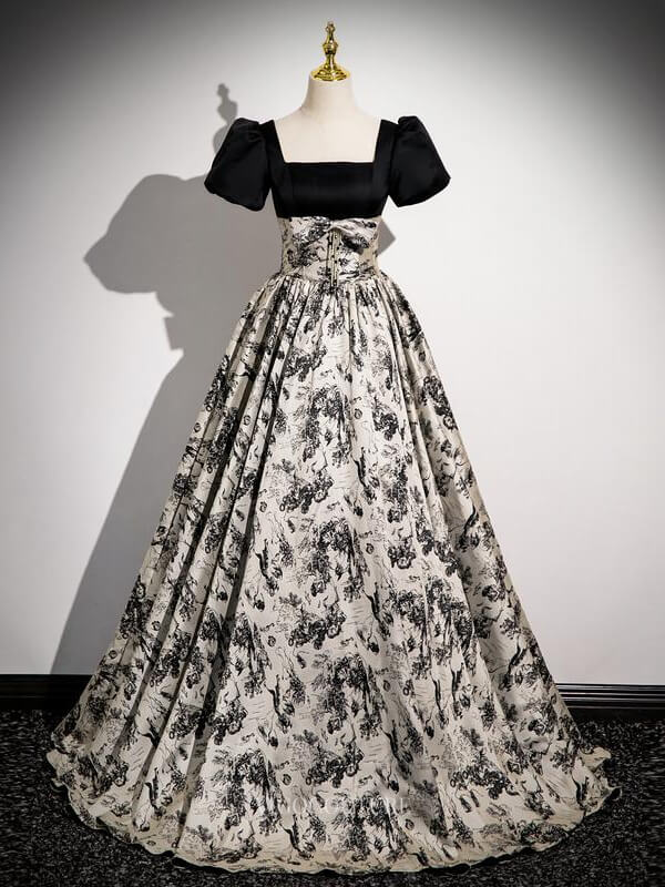 Prom Dresses 2025 to impress Black Floral Jacquard Prom Dresses with Puffed Sleeve, Square Neck, Quinceanera Dresses BG039-vigocouture-vigocouture