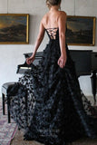 Prom Dress 2025 Black Floral Lace Prom Dresses with Slit Strapless Formal Gown 24209-unique elegant Prom Dresses-Black-Custom Size-vigocouture