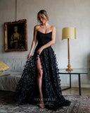 Prom Dress 2025 Black Floral Lace Prom Dresses with Slit Strapless Formal Gown 24209-unique elegant Prom Dresses-Black-Custom Size-vigocouture