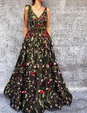 Black Floral Lace V-Neck Prom Dress 20992