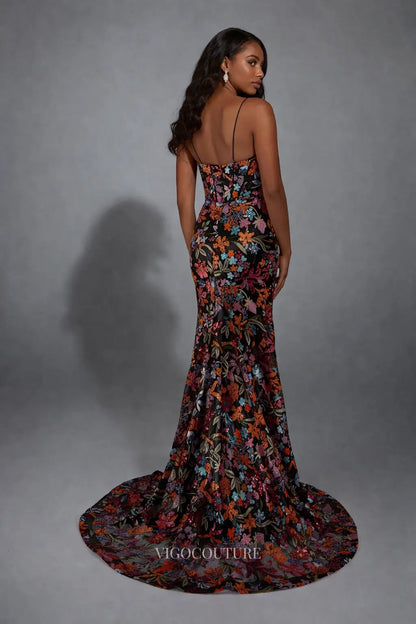 Prom Dresses 2025 to impress Black Floral Mermaid Prom Dress with Colorful Embroidery, Corset Bodice & Spaghetti Straps - VG021-vigocouture-vigocouture
