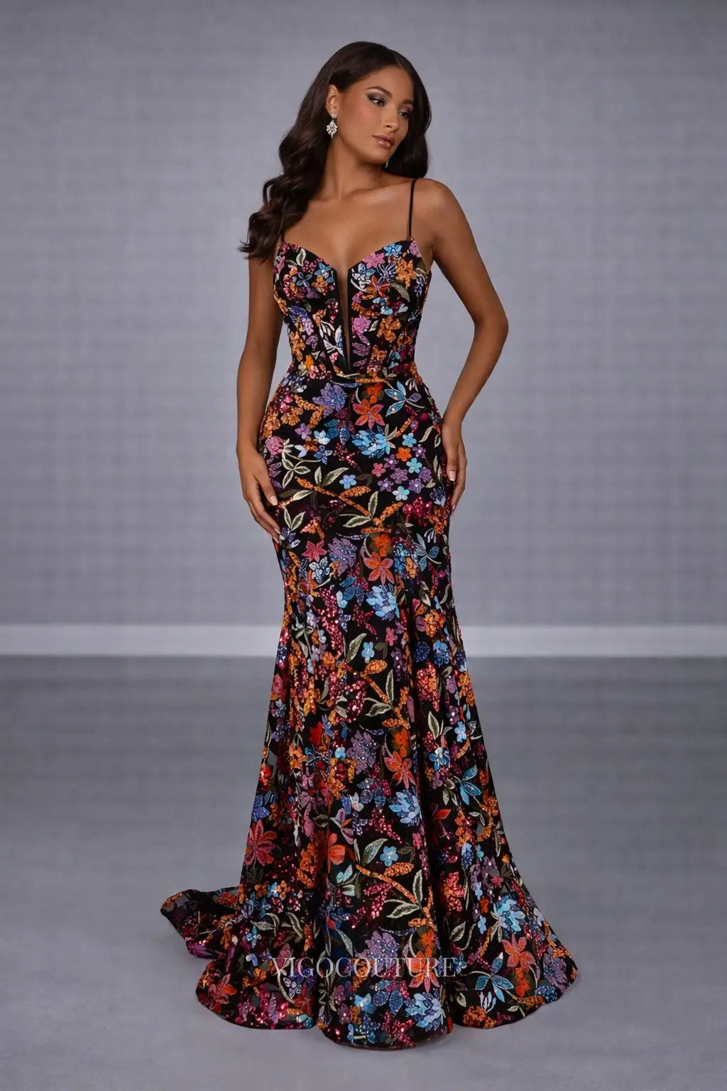 Prom Dresses 2025 to impress Black Floral Mermaid Prom Dress with Colorful Embroidery, Corset Bodice & Spaghetti Straps - VG021-vigocouture-vigocouture