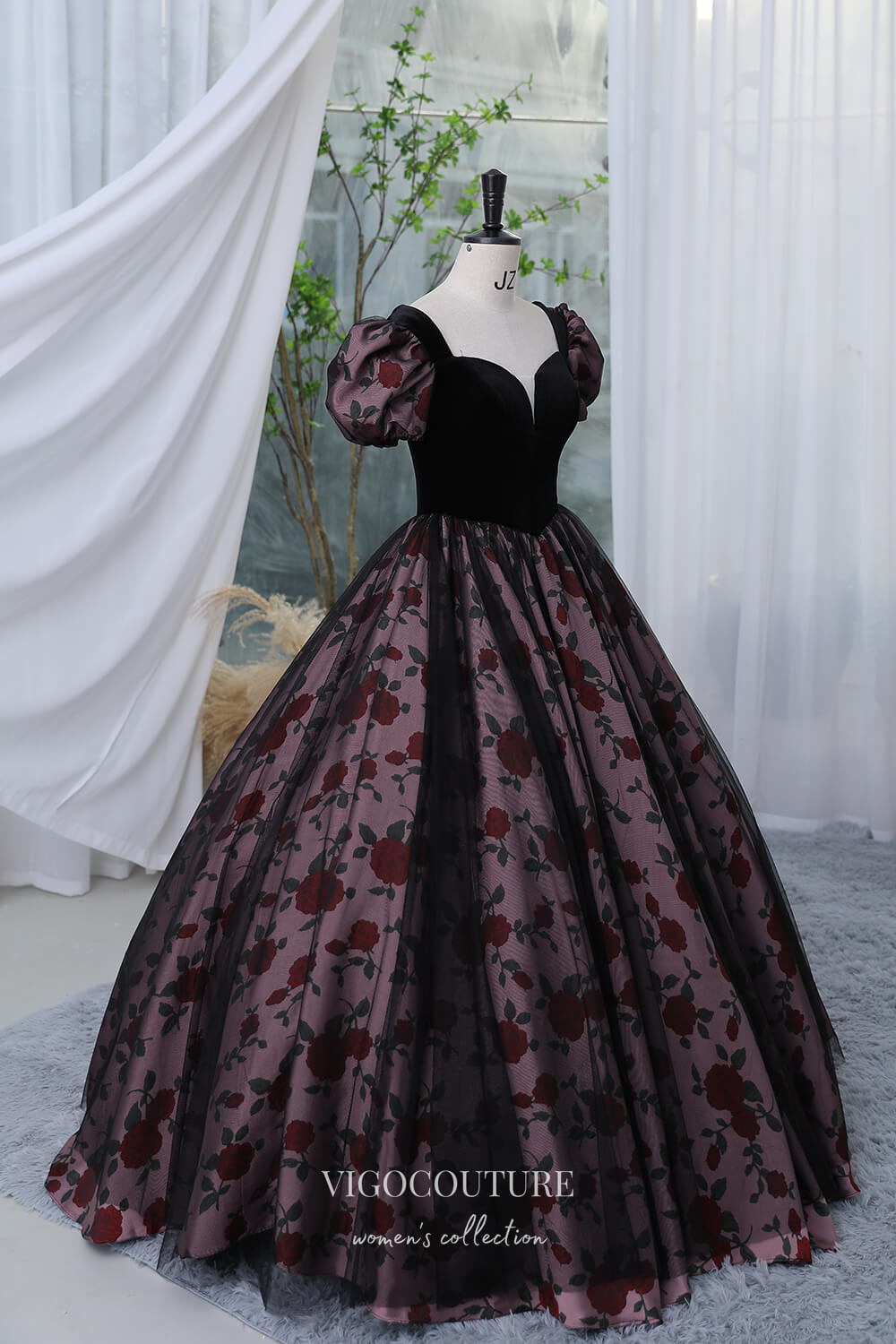 Black Floral Prom Dress with Puffed Sleeve and Velvet Bodice 22291 Custom Colors / 16W Black Floral Prom Dress with Puffed Sleeve and Velvet Bodice 22291 Custom Colors / 16W