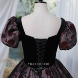 Prom Dress 2025 Black Floral Prom Dress with Puffed Sleeve and Velvet Bodice 22291-unique elegant Prom Dresses-Black-Custom Size-vigocouture