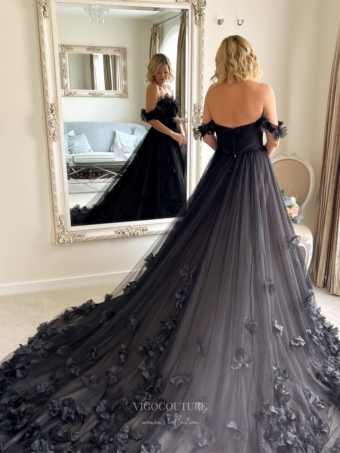 Prom Dress 2025 Black Floral Prom Dresses Off the Shoulder Formal Dress 24033-unique elegant Prom Dresses-Black-Custom Size-vigocouture