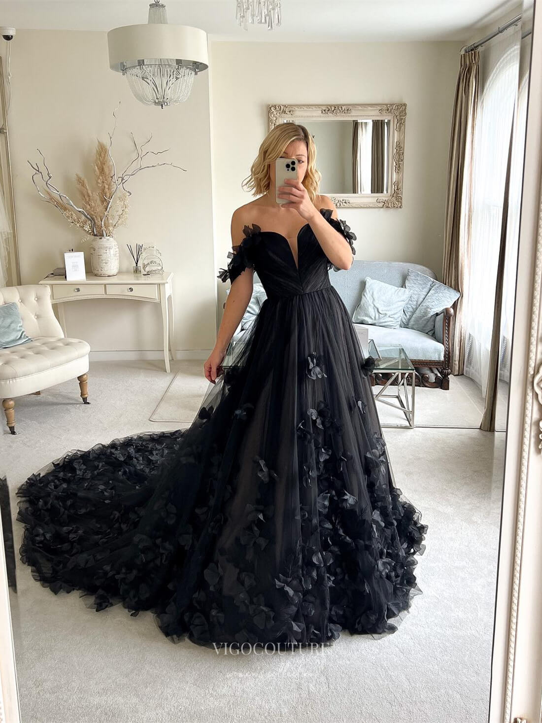 Prom Dress 2025 Black Floral Prom Dresses Off the Shoulder Formal Dress 24033-unique elegant Prom Dresses-Black-Custom Size-vigocouture