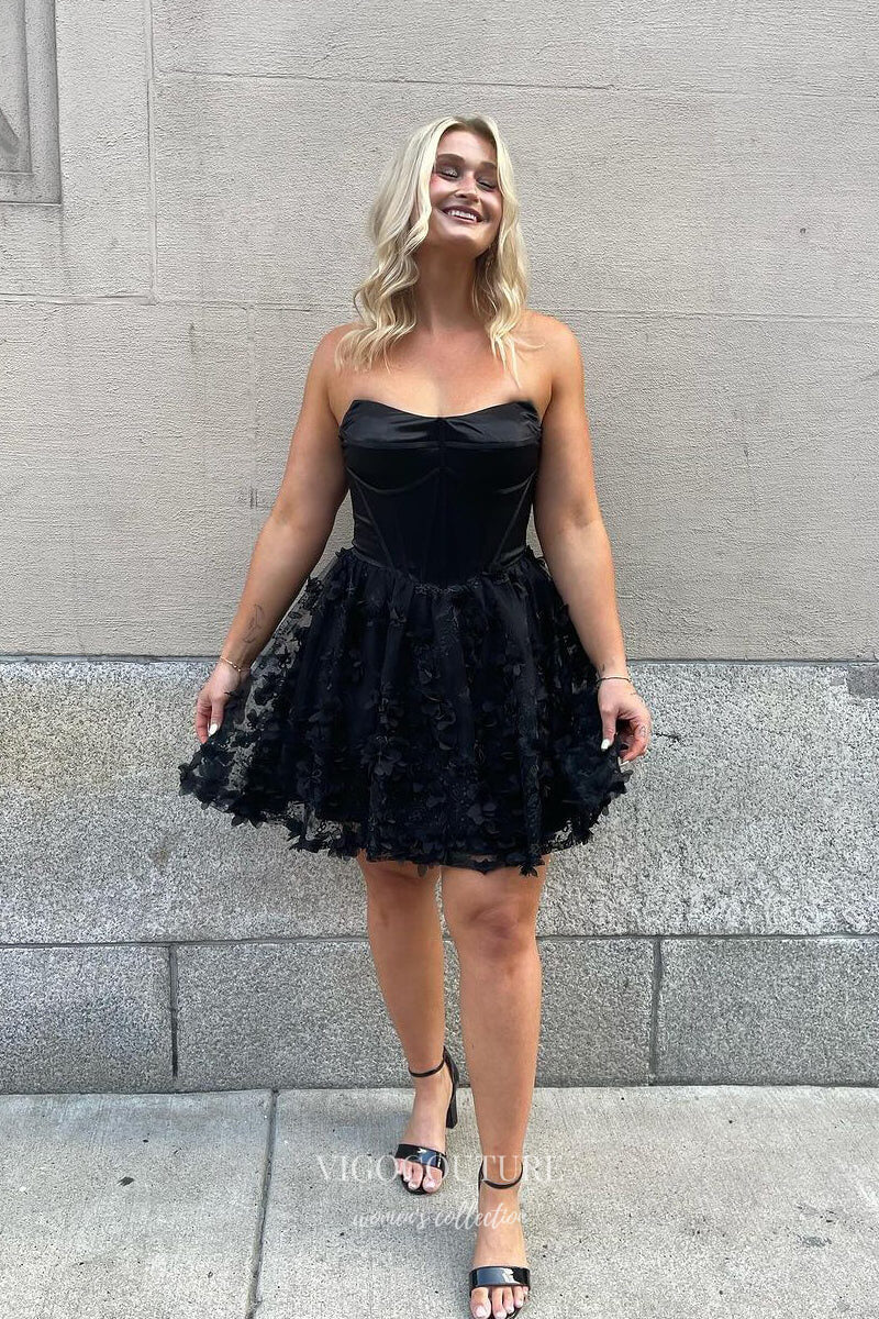 Short Prom Dresses 2025 Black Floral Strapless Homecoming Dresses Sweetheart Back to School Dress hc426-Prom Dresses-vigocouture-vigocouture