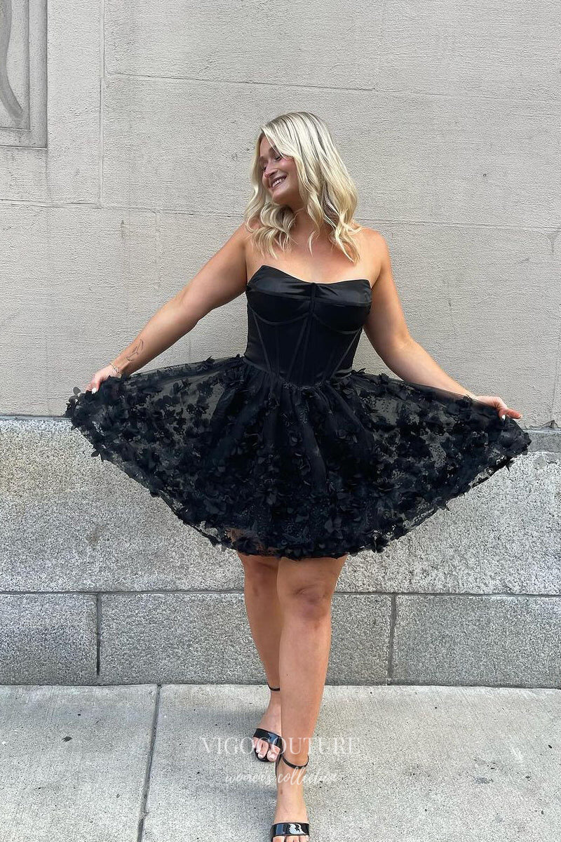 Short Prom Dresses 2025 Black Floral Strapless Homecoming Dresses Sweetheart Back to School Dress hc426-Prom Dresses-vigocouture-Black-Custom Size-vigocouture