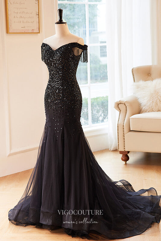 Prom Dress 2025 Black Handmade Sequin Off-the-Shoulder Prom Dress 22268-unique elegant Prom Dresses-Black-Custom Size-vigocouture