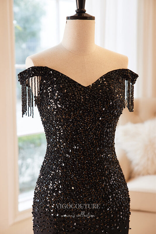 Prom Dress 2025 Black Handmade Sequin Off-the-Shoulder Prom Dress 22268-unique elegant Prom Dresses-Black-Custom Size-vigocouture