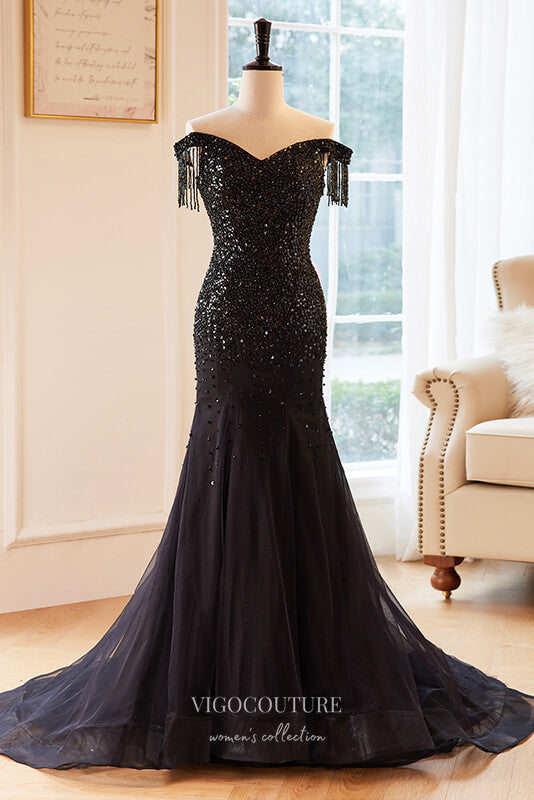 Prom Dress 2025 Black Handmade Sequin Off-the-Shoulder Prom Dress 22268-unique elegant Prom Dresses-Black-Custom Size-vigocouture