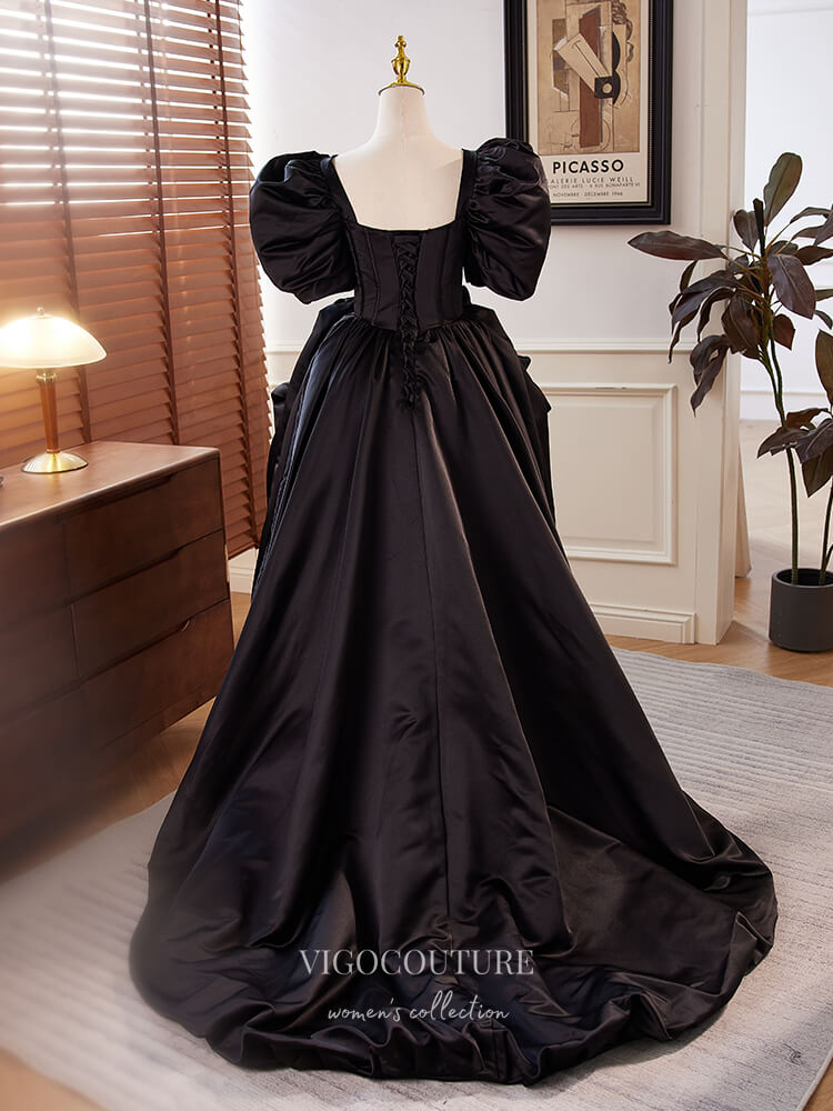 Black High Low Puffed Sleeve Prom Dresses Satin Formal Gown 24402 Black / US16 Black High Low Puffed Sleeve Prom Dresses Satin Formal Gown 24402 Black / US16