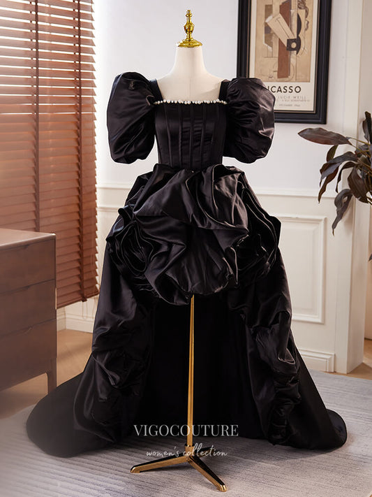 Prom Dress 2025 Black High Low Puffed Sleeve Prom Dresses Satin Formal Gown 24402-unique elegant Prom Dresses-Black-Custom Size-vigocouture