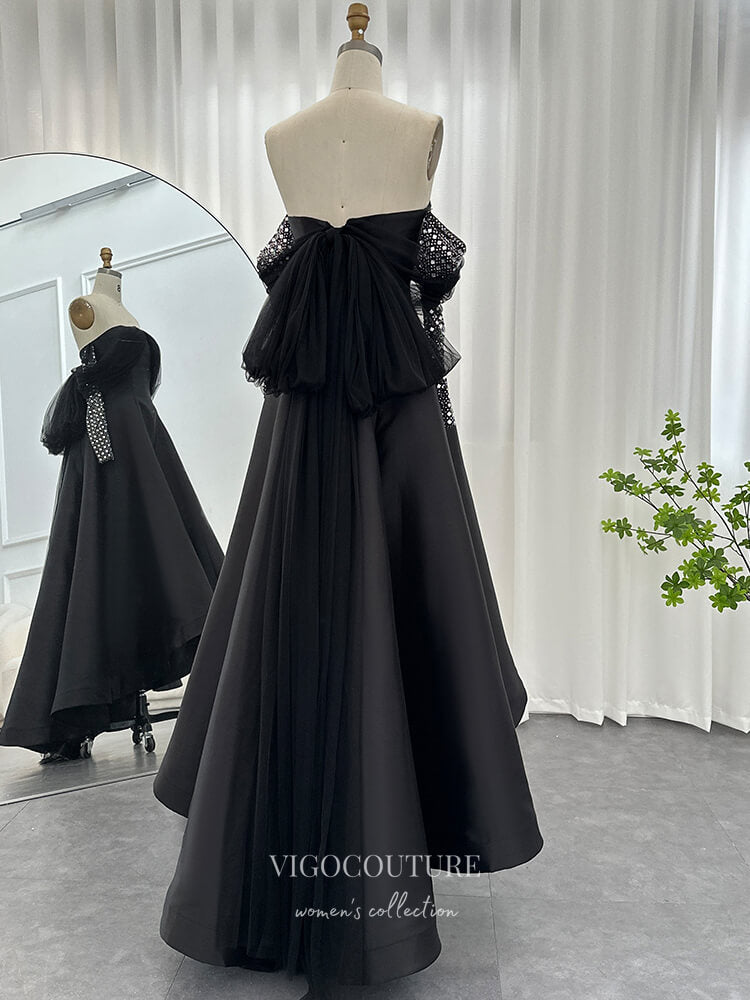 Prom Dress 2025 Black High-Low Satin Prom Dresses Off the Shoulder Beaded Long Sleeve 24450-unique elegant Prom Dresses-Black-US2-vigocouture