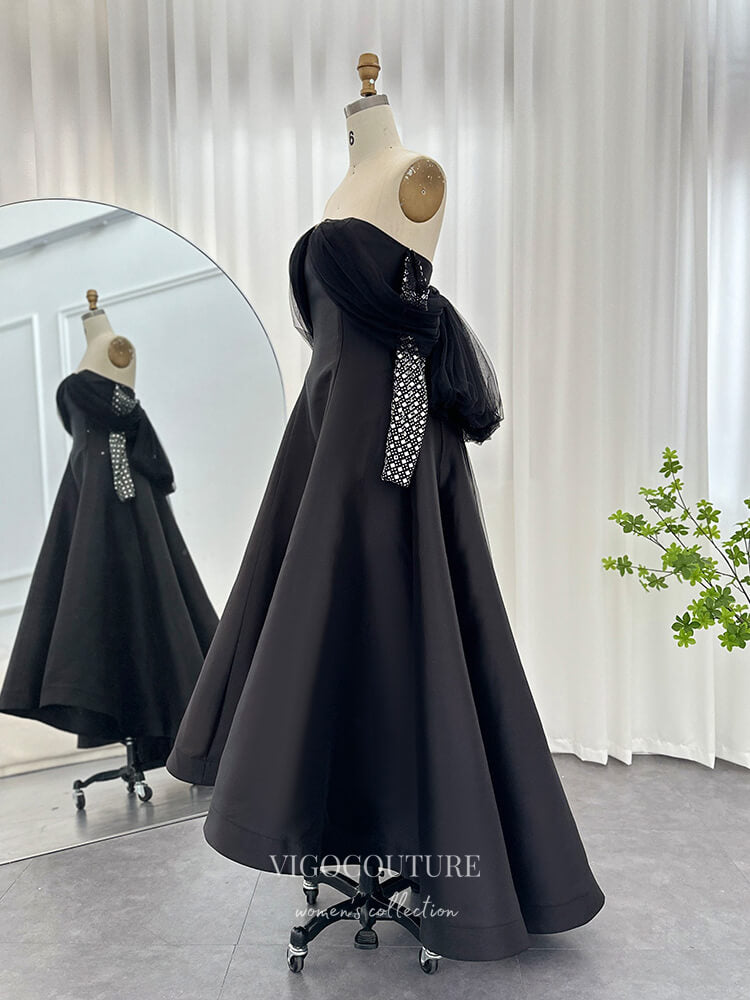 Prom Dress 2025 Black High-Low Satin Prom Dresses Off the Shoulder Beaded Long Sleeve 24450-unique elegant Prom Dresses-Black-US2-vigocouture