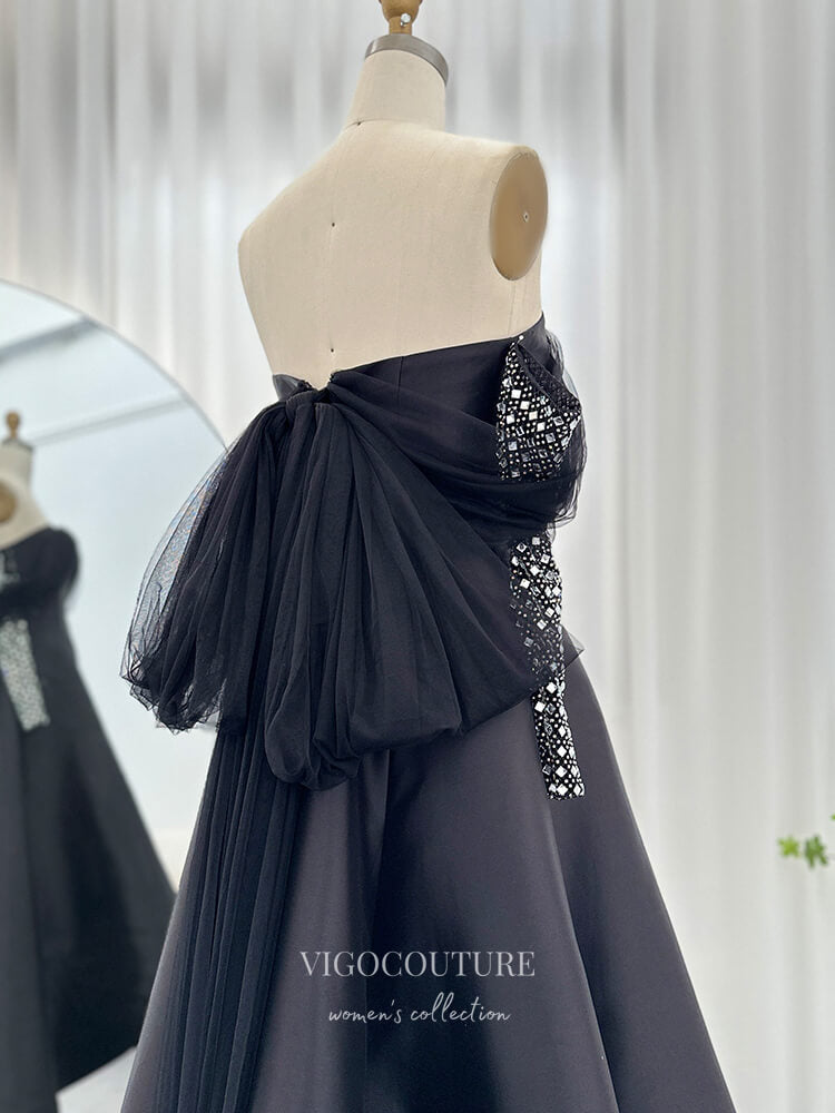 Prom Dress 2025 Black High-Low Satin Prom Dresses Off the Shoulder Beaded Long Sleeve 24450-unique elegant Prom Dresses-Black-US2-vigocouture