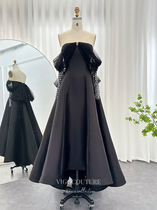 Prom Dress 2025 Black High-Low Satin Prom Dresses Off the Shoulder Beaded Long Sleeve 24450-unique elegant Prom Dresses-Black-US2-vigocouture