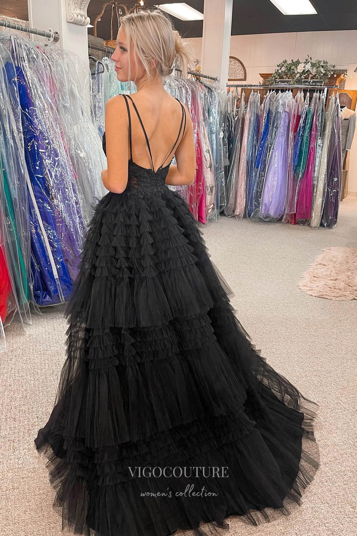Black High-Low Spaghetti Strap Prom Dress with Lace Applique Bodice and Ruffled Bottom 22203 Black / Custom Size Black High-Low Spaghetti Strap Prom Dress with Lace Applique Bodice and Ruffled Bottom 22203 Black / Custom Size