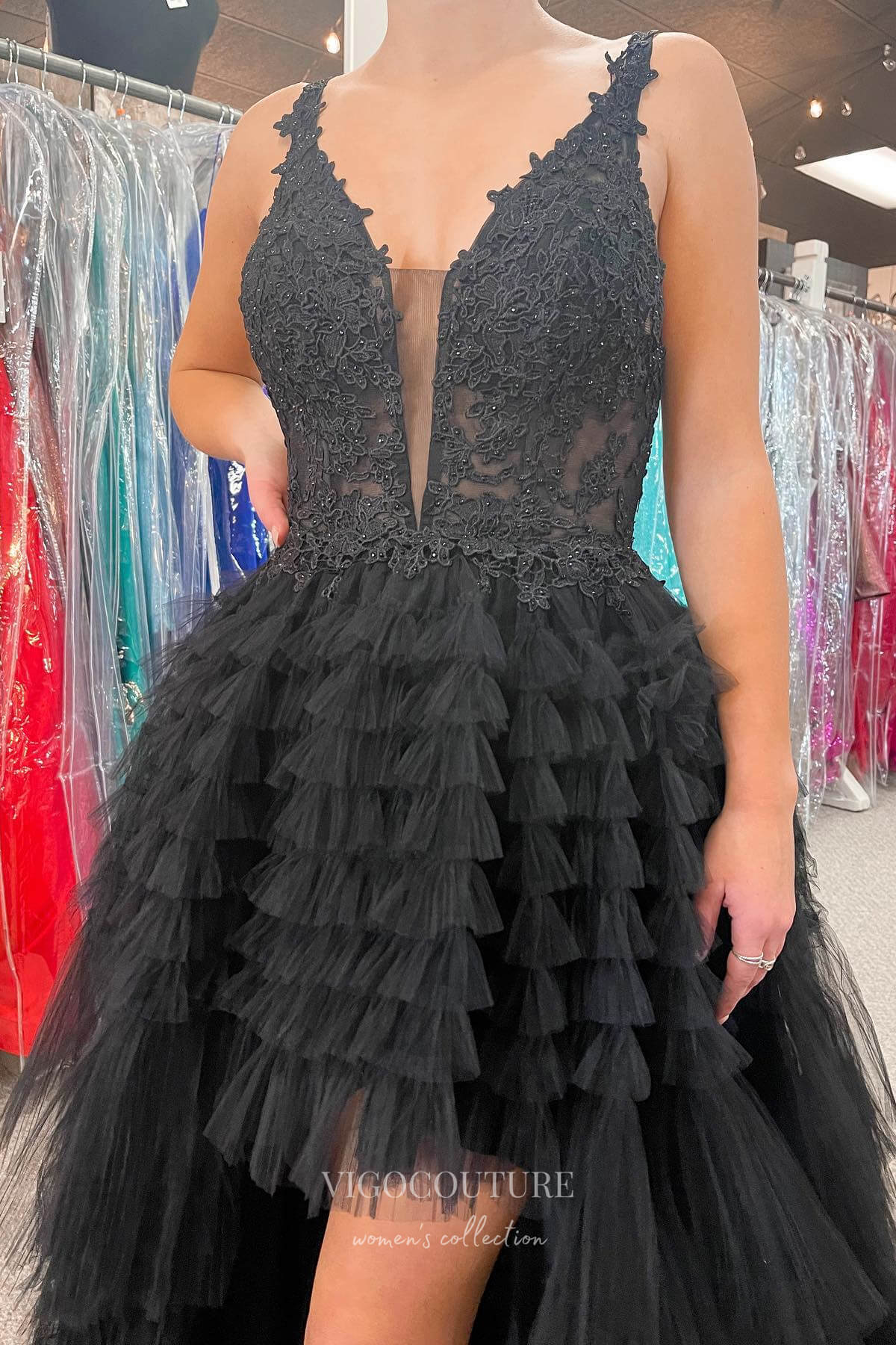 Prom Dress 2025 Black High-Low Spaghetti Strap Prom Dress with Lace Applique Bodice and Ruffled Bottom 22203-unique elegant Prom Dresses-Black-US2-vigocouture