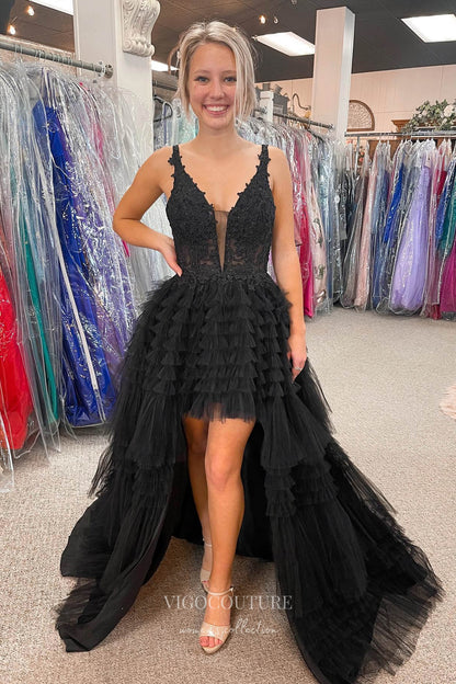 Black High-Low Spaghetti Strap Prom Dress with Lace Applique Bodice and Ruffled Bottom 22203 Black / Custom Size Black High-Low Spaghetti Strap Prom Dress with Lace Applique Bodice and Ruffled Bottom 22203 Black / Custom Size