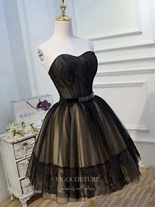 Elegant Short Homecoming Dress 2023 Strapless Tulle Lace Appliques 18W / Black Elegant Short Homecoming Dress 2023 Strapless Tulle Lace Appliques 18W / Black