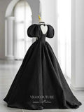 Prom Dress 2025 Black Jacquard Prom Dresses Puffed Sleeve Formal Dresses 21443-unique elegant Prom Dresses-Black-Custom Size-vigocouture