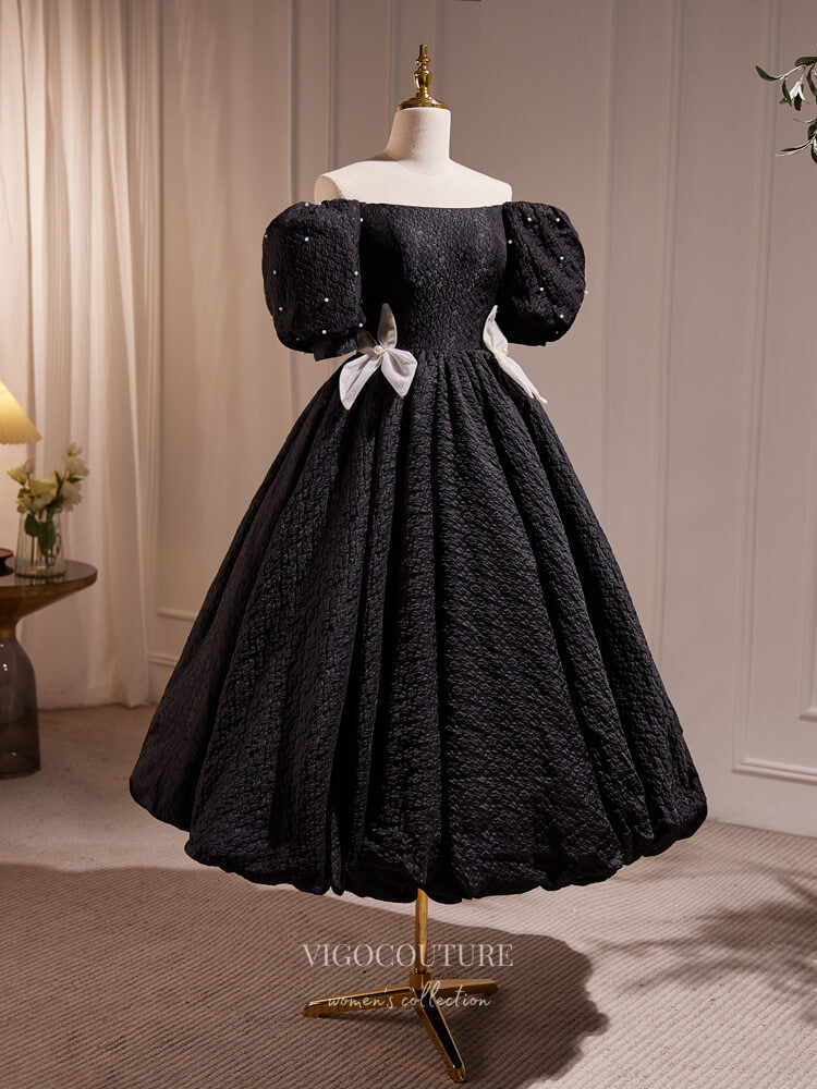 Black Jacquard Satin Hoco Dresses Puffed Sleeve Midi-Length Dress hc25 vigocouture Black Jacquard Satin Hoco Dresses Puffed Sleeve Midi-Length Dress hc25 vigocouture