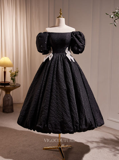 Black Jacquard Satin Hoco Dresses Puffed Sleeve Midi-Length Dress hc25 vigocouture Black Jacquard Satin Hoco Dresses Puffed Sleeve Midi-Length Dress hc25 vigocouture