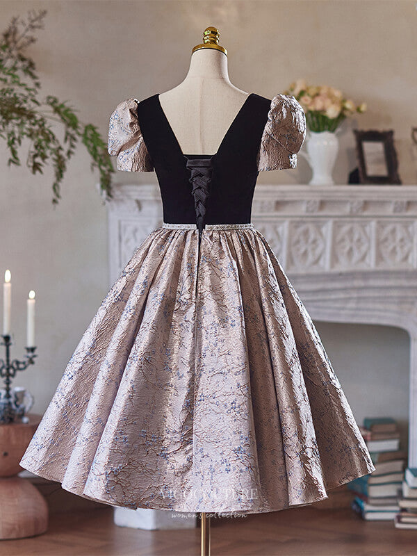 Black Jacquard Satin Homecoming Dress Puffed Sleeve Graduation Dress hc331 - Black / US10 Black Jacquard Satin Homecoming Dress Puffed Sleeve Graduation Dress hc331 - Black / US10