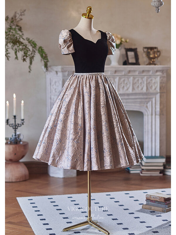 Black Jacquard Satin Homecoming Dress Puffed Sleeve Graduation Dress h vigocouture Black Jacquard Satin Homecoming Dress Puffed Sleeve Graduation Dress h vigocouture