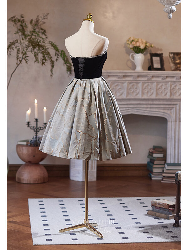 Black Jacquard Satin Homecoming Dress Strapless Graduation Dress hc329 vigocouture Black Jacquard Satin Homecoming Dress Strapless Graduation Dress hc329 vigocouture