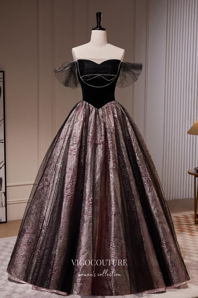 Prom Dress 2025 Black Jacquard Satin Prom Dresses Off the Shoulder Evening Dress 22388-unique elegant Prom Dresses-Black-Custom Size-vigocouture