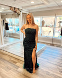 Prom Dress 2025 Black Lace Applique Cheap Prom Dresses with Slit Strapless Mermaid 24289-unique elegant Prom Dresses-Black-Custom Size-vigocouture