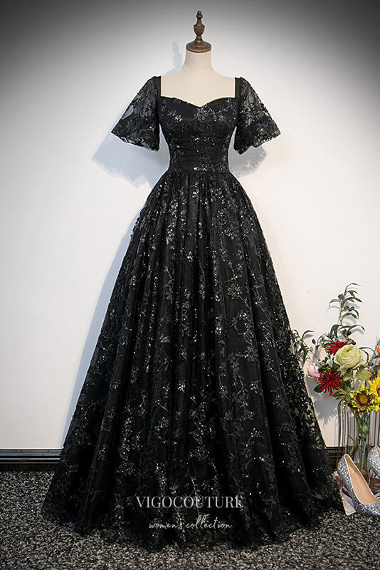 Black Lace Applique Prom Dresses Puffed Sleeve Quinceanera Dress 22341 Black / US8 / A-Line