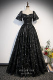 Prom Dress 2025 Black Lace Applique Prom Dresses Puffed Sleeve Quinceanera Dress 22341-unique elegant Prom Dresses-Black-Custom Size-A-Line-vigocouture