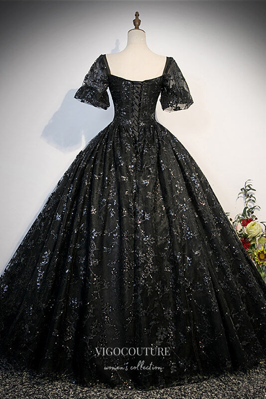 Prom Dress 2025 Black Lace Applique Prom Dresses Puffed Sleeve Quinceanera Dress 22341-unique elegant Prom Dresses-Black-Custom Size-Ball Gown-vigocouture