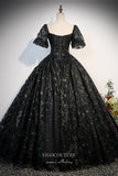 Prom Dress 2025 Black Lace Applique Prom Dresses Puffed Sleeve Quinceanera Dress 22341-unique elegant Prom Dresses-Black-Custom Size-Ball Gown-vigocouture