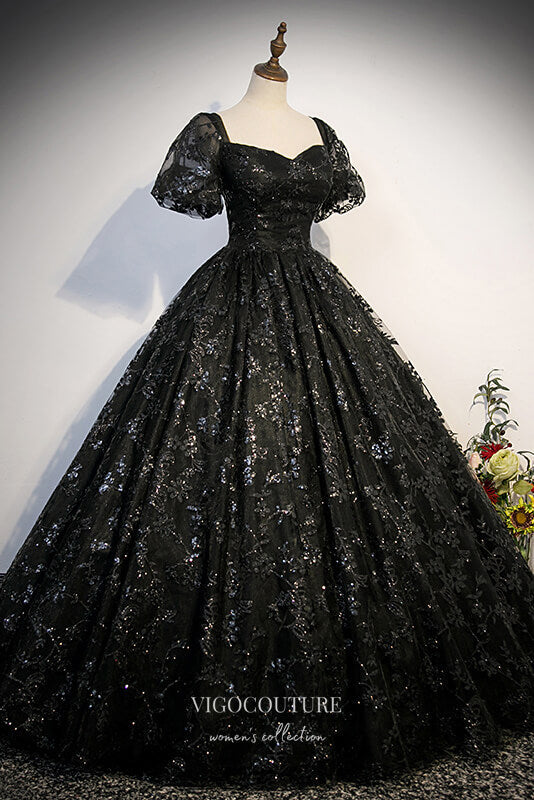 Prom Dress 2025 Black Lace Applique Prom Dresses Puffed Sleeve Quinceanera Dress 22341-unique elegant Prom Dresses-Black-Custom Size-Ball Gown-vigocouture