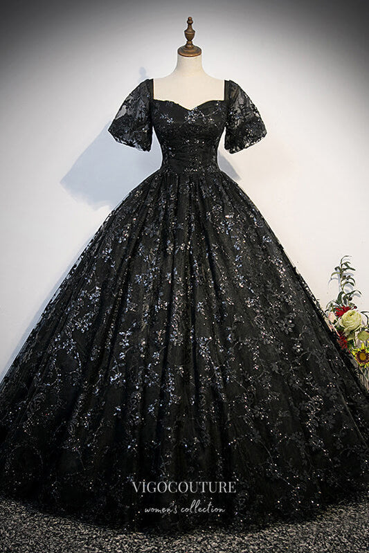 Prom Dress 2025 Black Lace Applique Prom Dresses Puffed Sleeve Quinceanera Dress 22341-unique elegant Prom Dresses-Black-Custom Size-Ball Gown-vigocouture