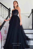 Prom Dress 2025 Black Lace Applique Prom Dresses Strapless Formal Gown 21923-unique elegant Prom Dresses-Black-US2-vigocouture