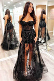 Prom Dress 2025 Black Lace Applique Prom Dresses Strapless Formal Gown 21926-unique elegant Prom Dresses-Black-US2-vigocouture