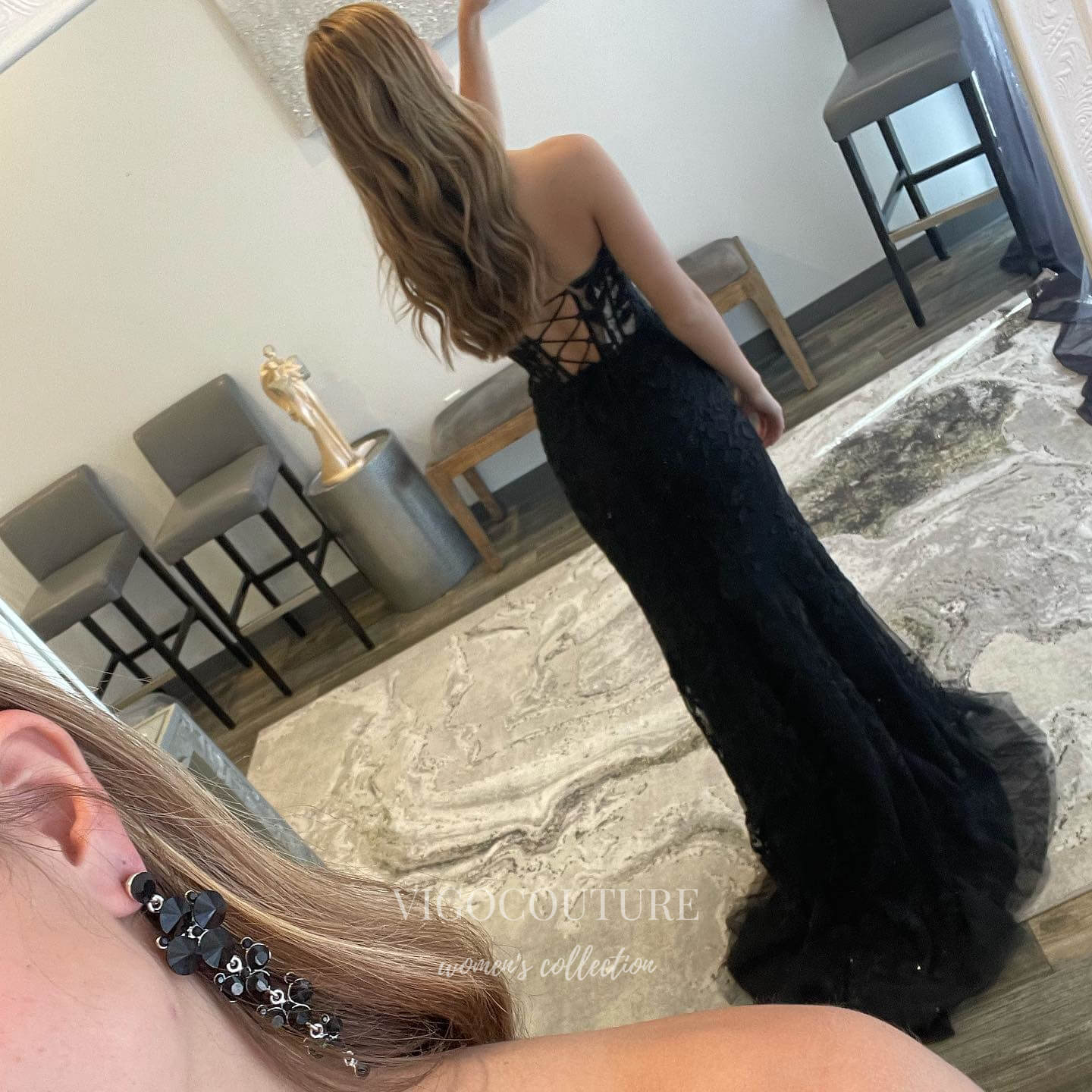 Prom Dress 2025 Black Lace Applique Prom Dresses with Slit Mermaid Evening Dress 21876-unique elegant Prom Dresses-Black-US2-vigocouture