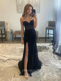 Black Lace Applique Prom Dresses with Slit Mermaid Evening Dress 21876